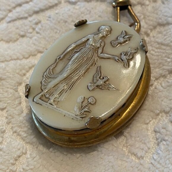 Vintage Large EMBOSSED IVORY& Brass LOCKET * Mythical Goddess & Birds * 2 photos - Picture 3 of 8